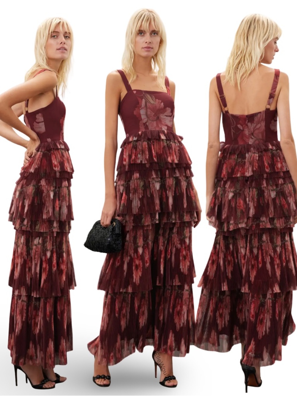 Hutch Nalina Dress Burgundy Tiered Floral Maxi Dress Size 2 $394